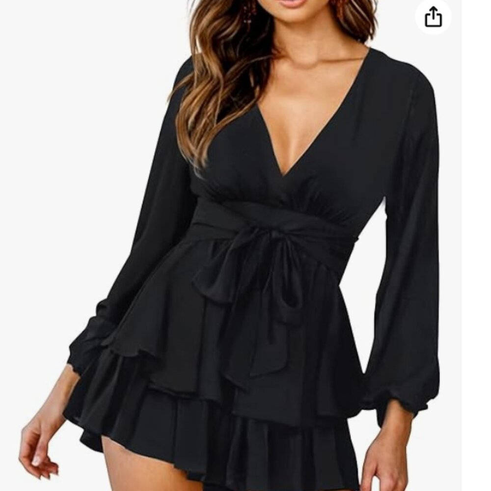 Black Long Sleeve V-Neck Flared Ruffled Romper
